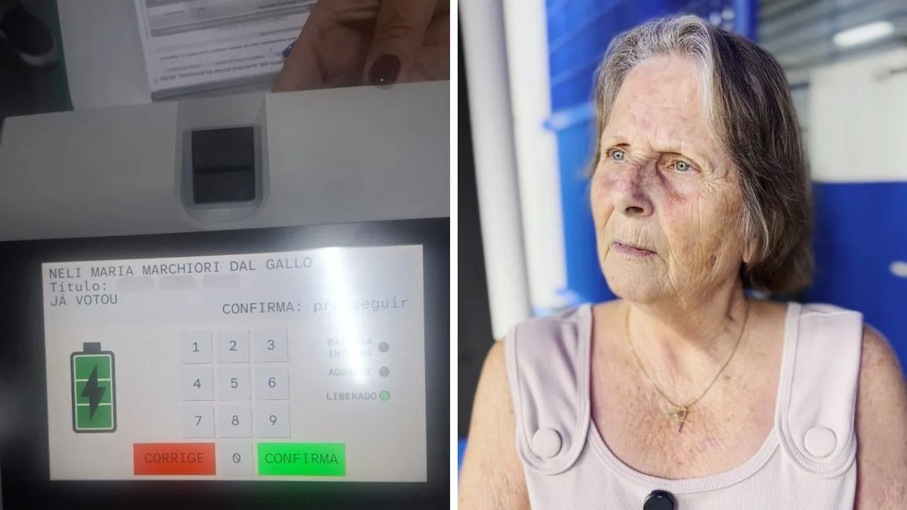 Eleitora Neli Maria Marchiori Dal Gallo e tela de urna indicando voto já registrado em Campinas (Foto: reprodução/redes sociais)